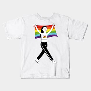 Woman with rainbow flag in her hands. Kids T-Shirt